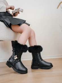 1pair Girls Cute Bowknot Lace-Up Side High Top Flat Boots, Warm Thick Plush Lining, Suitable For Winter