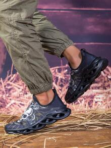 大码男士时尚轻便透气系带舒适黑色骷髅图案防滑耐用柔软厚底运动跑步鞋，适合春秋季节 - 彩色 - 查看 3