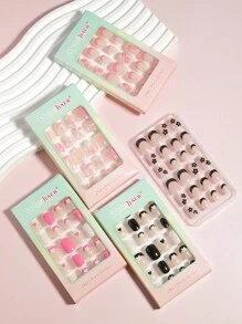 VV MEI JIA ER 5包（120片 - 草莓/彩虹/爱心/法式/动物）可爱小号儿童按压式亚克力假指甲，全覆盖，短椭圆形指甲贴片套装，适合女孩，按压式美甲装饰礼品，包含5卷指甲胶带和5个指甲锉 - 彩色 - 查看 1