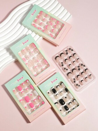 VV MEI JIA ER 5Packs(120Pieces-Strawberry/Rainbow/Heart/French/Animal) Cute Design Small Size Kids Press On Nails Acrylic Fake Nails Stick On Full Cover Short Children Oval False Nail Art Kits Sets Suit For Girls,Press On Nails Nail Art Decorations Gifts&5sheet Tape&5pcs Nail File