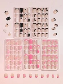 VV MEI JIA ER 5包（120片 - 草莓/彩虹/爱心/法式/动物）可爱小号儿童按压式亚克力假指甲，全覆盖，短椭圆形指甲贴片套装，适合女孩，按压式美甲装饰礼品，包含5卷指甲胶带和5个指甲锉 - 彩色 - 查看 2