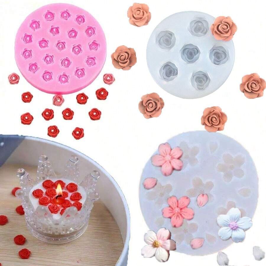 1 件 3 款 6/20 腔 3D 玫瑰/樱花花形 DIY 设计硅胶模具，小型迷你可爱樱花花模具，用于创意芳香疗法粘土首饰制作、香皂、蜡烛杯蜡装饰等，树脂和聚合物粘土工艺工具模具，手工礼品制作用品，适用于婚礼毕业生日派对装饰 - 多色 - 查看 1
