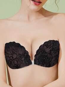 1pc Skin-Colored Lace Stick-On Invisible Push-Up Strapless Bra, Randomly Comes With Transparent Shoulder Straps For Rave - Black - View 5