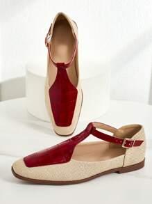 Neue Ankunft französischer Retro Zweifarbige gewebte Flache T-Riemen Spitzschuh Mary Janes Ballerinas für Damen - Rot - Übersicht 1