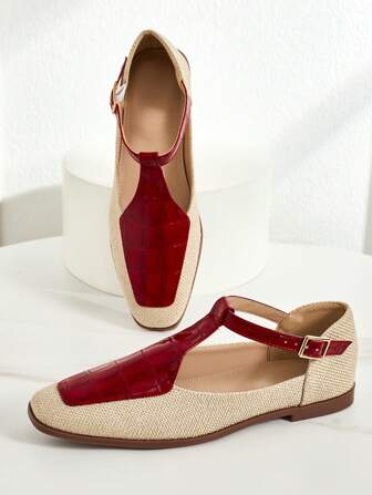 New Arrival French Retro Two-Tone Woven Flat T-Strap Pointed Toe Mary Janes Flats For Women