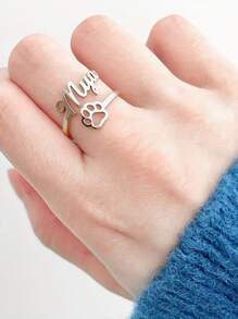 1pc Customized Name Ring, Personalized Cute Cat Paw Name Ring, Unisex, Stainless Steel Material, Adjustable Opening, Couple Gift, Customized Birthday Gift, Christmas Gift - Silver - View 4