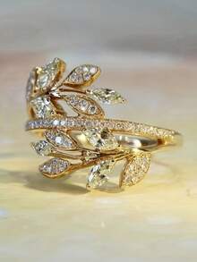 1 件奢华方晶锆石叶形设计铜戒指优雅女性订婚派对婚礼珠宝礼物 - 1# - 查看 2