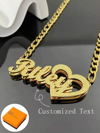 1pc Customized Double-Layer Welded Letter Name Necklace, Unisex Large Heart-Shaped Pendant On Thick Curb Chain, Minimalist Daily Style, Keychain, Gift For Boyfriend, Girlfriend, Parents, Family, Friends, Pets, Grandparents, Son, Daughter, Suitable For Anniversary, Birthday, Daily Wear, Prom, Father's Day, Mother's Day, Valentine's Day, Graduation, Wedding, Personalized Engraved Necklace, Unique Autumn Style