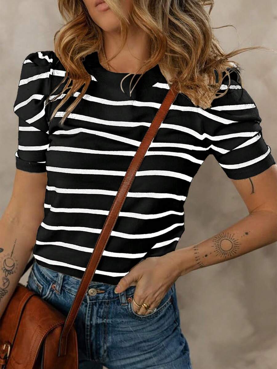 Pull rayé à col ras-du-cou et manches courtes casual pour femmes - Noir - Voir 1