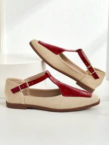 Neue Ankunft französischer Retro Zweifarbige gewebte Flache T-Riemen Spitzschuh Mary Janes Ballerinas für Damen - Rot - Übersicht 3