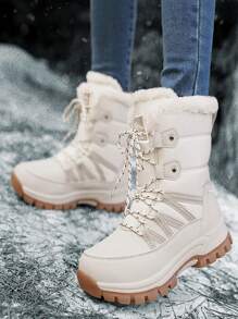 Botas de nieve de invierno 2024 para mujeres, botas deportivas para senderismo con cordones hasta el tobillo de estilo elegante para uso casual en exteriores, color beige