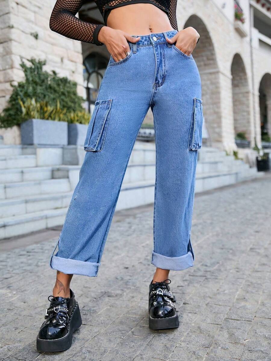 Solid Color Side Flap Pocket Street Style Workwear Jeans With Curled