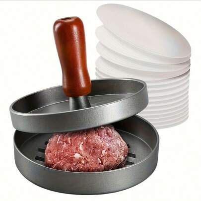 1set Stainless Steel Hamburger & Patty Maker Mold With Wooden Handle, Non-Stick - Includes 100pcs Patty Papers