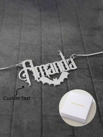 A Personalized And Bat Name Necklace, Happy Halloween Bat Jewelry, Name Pendant With Bats, Customized Vampire Bat Name Pendant, Silver Bat Name Necklace, Classic And Timeless, Party Banquet Wedding Beach Vacation Jewelry