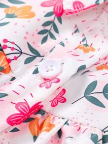 1 pièce Robe à col et manches longues avec imprimé floral et filet avec ceinture à la taille pour jeune fille - Rose bonbon - Voir 6