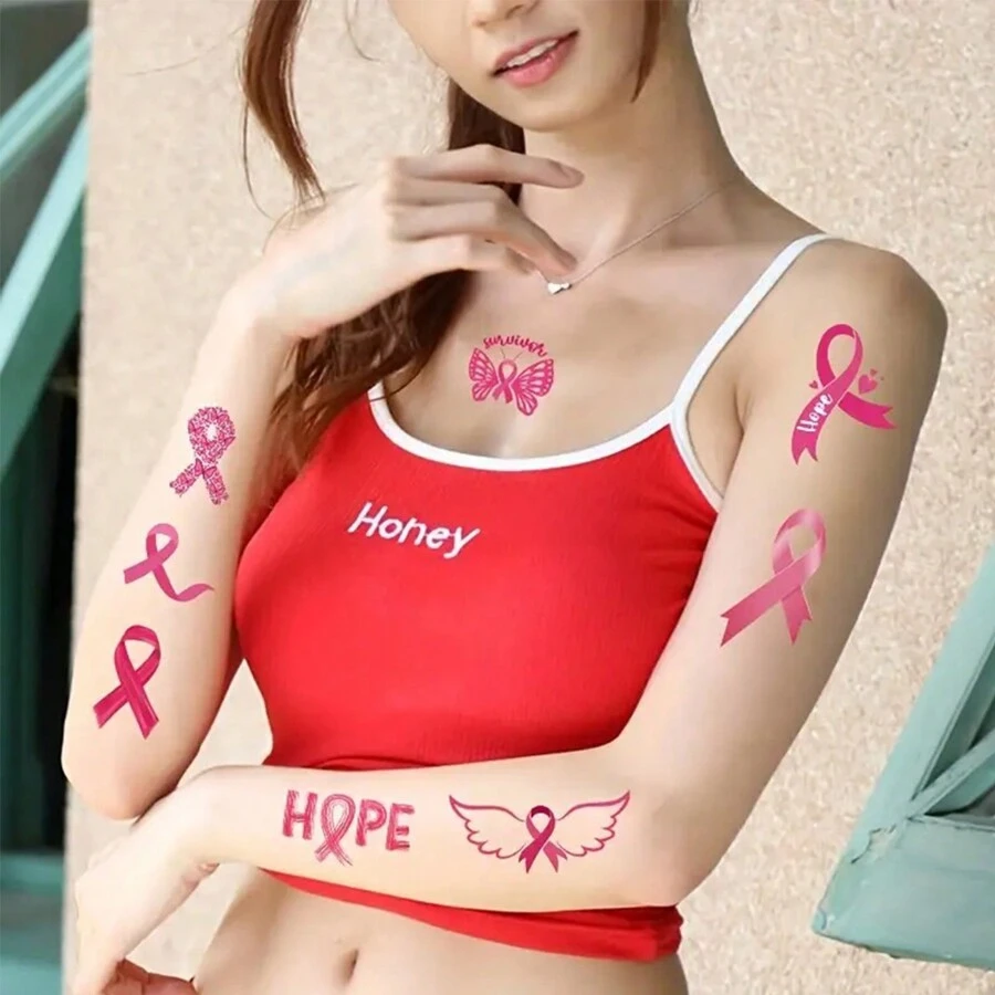 10 Sheets, Pink Ribbon Temporary Tattoos For Breast Cancer Awareness ...