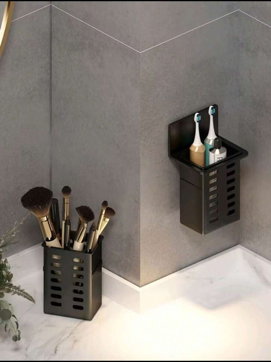 1 Giá để đồ treo tường phòng tắm màu đen có khung màu đen, hộp đựng trong suốt tiết kiệm không gian để đựng bàn chải đánh răng, kem đánh răng, lược và mỹ phẩm - màu đen - Xem 1