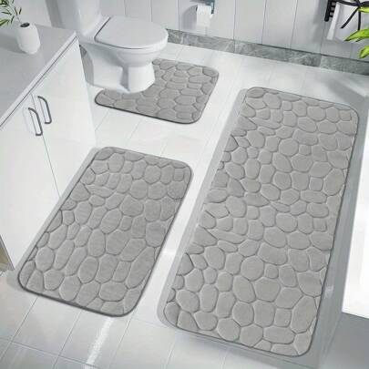 3PCS Stone Texture Embossed Simple Solid Color Washable Memory Foam Stone Absorbent Non-Slip Bathroom Mat Set, Suitable For Bathroom, Restroom, Bathroom Entrance Home Bathroom Decor Bath Rug Floor Carpet Outdoor Rug Door Mat Summer Bathroom Accessories