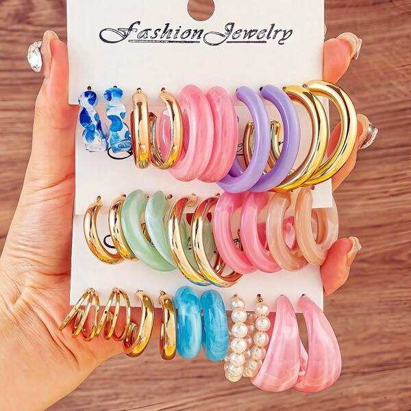 5-15 Pairs Cross-Border New Resin Plate Big Circle C-Shaped Pearl Iron Alloy Earrings Set