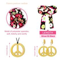 5pcs/Set 70s Retro Hippie Style Women Pants Outfit, Disco Party Costume, Includes Peace Sign Earrings, Necklace, And Headband, Printed Pattern, Suitable For Christmas Party - Multicolor - View 4