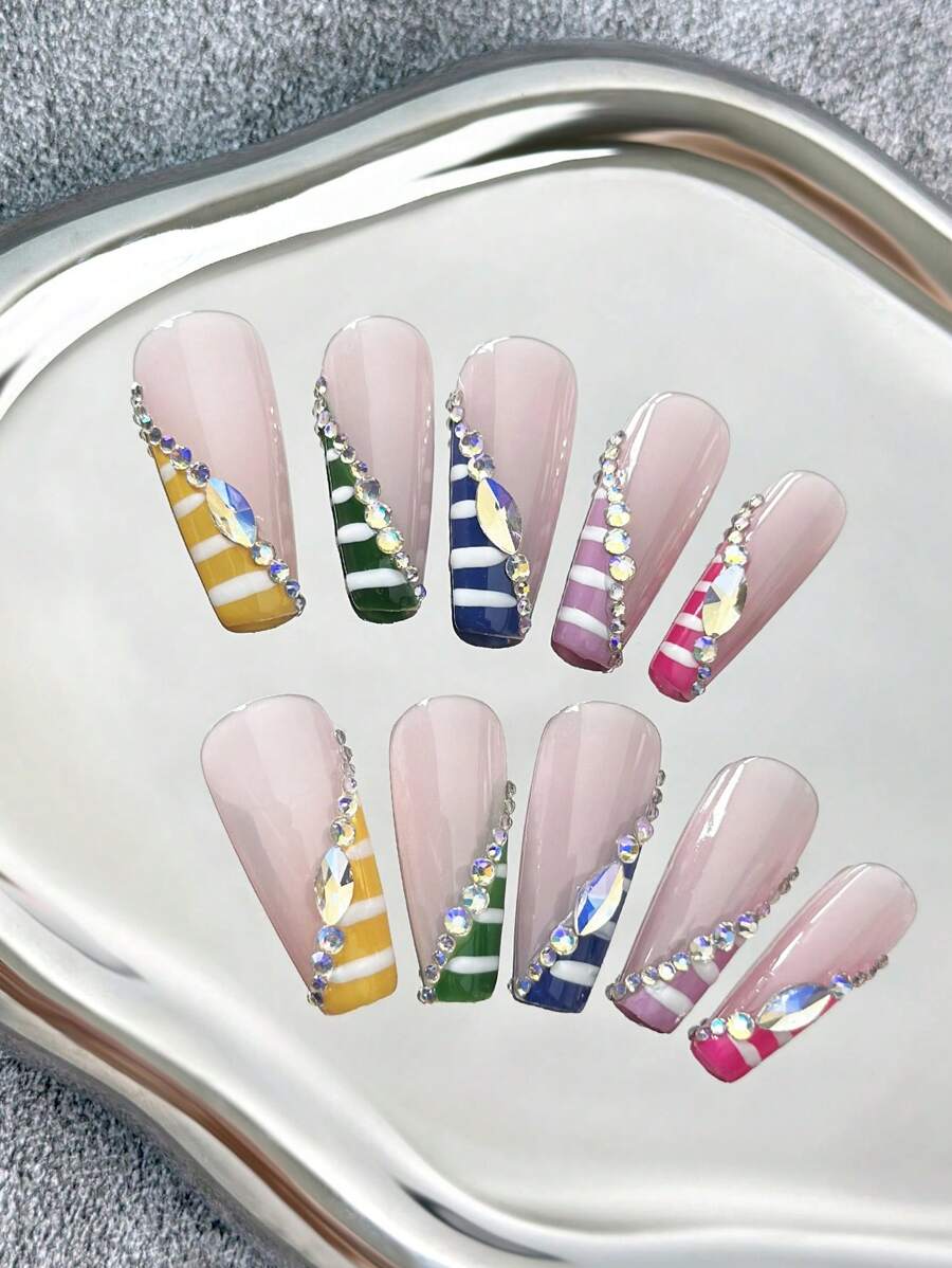 10 Pezzi/Confezione Unghie Finte Francesi Arcobaleno Fatte a Mano, Unghie Acriliche Finte a Forma di Bara da Cowboy a Punta Colorata e Affilata, Colore Rosa Nudo con Cristalli Asimmetrici Moonlight Flat 3D, Set Fai-da-Te per Unghie Artificiali Lucide - Multicolore - Visualizzare 1