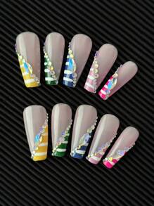 10 Pezzi/Confezione Unghie Finte Francesi Arcobaleno Fatte a Mano, Unghie Acriliche Finte a Forma di Bara da Cowboy a Punta Colorata e Affilata, Colore Rosa Nudo con Cristalli Asimmetrici Moonlight Flat 3D, Set Fai-da-Te per Unghie Artificiali Lucide - Multicolore - Visualizzare 5