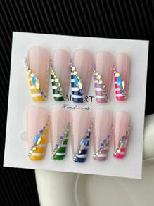 10 Pezzi/Confezione Unghie Finte Francesi Arcobaleno Fatte a Mano, Unghie Acriliche Finte a Forma di Bara da Cowboy a Punta Colorata e Affilata, Colore Rosa Nudo con Cristalli Asimmetrici Moonlight Flat 3D, Set Fai-da-Te per Unghie Artificiali Lucide - Multicolore - Visualizzare 2