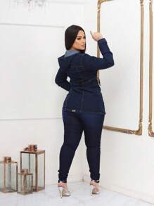 Stylish Premium Women's Denim Parka Jacket - 深色水洗藍 - 查看 2