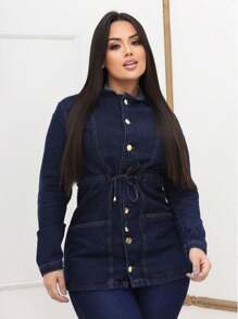 Stylish Premium Women's Denim Parka Jacket - 深色水洗藍 - 查看 1