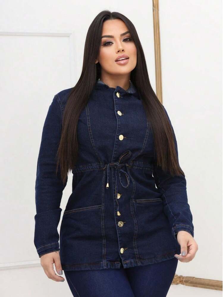 Stylish Premium Women's Denim Parka Jacket - 深色水洗藍 - 查看 1
