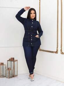 Stylish Premium Women's Denim Parka Jacket - 深色水洗藍 - 查看 4