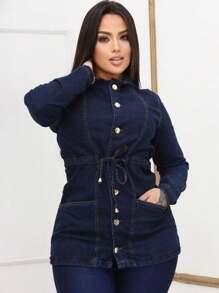 Stylish Premium Women's Denim Parka Jacket - 深色水洗藍 - 查看 5