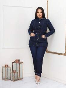 Stylish Premium Women's Denim Parka Jacket - 深色水洗藍 - 查看 3