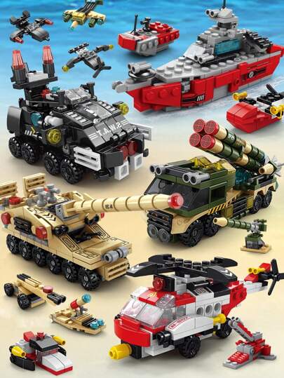 Conjuntos de Blocos de Construção 6 em 1, Porta-Aviões, Carro de Polícia, Tanque, e Modelos de Aviões, Recompensas de Estudantes e Presentes de Natal Presentes de Inverno, Blocos Coloridos