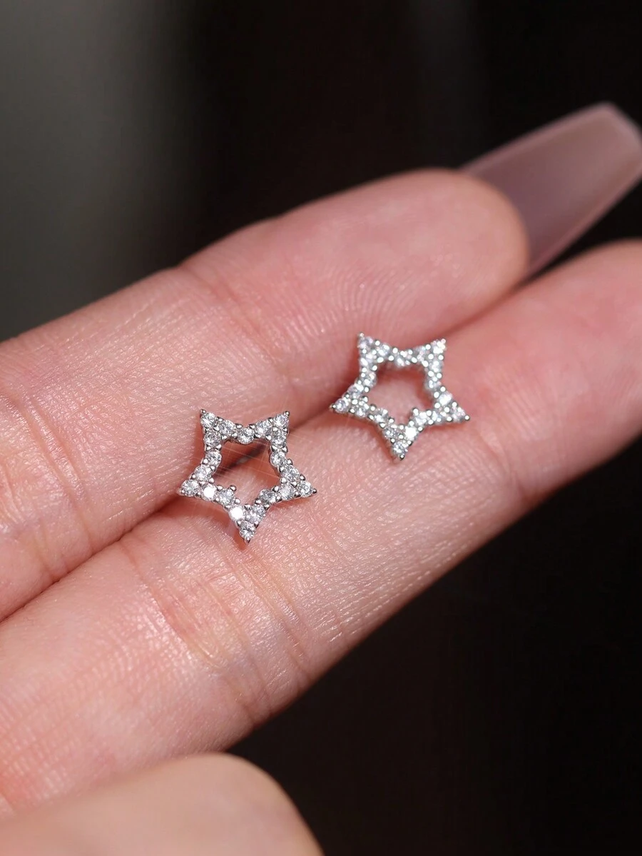 1 Cặp bông tai đinh tán hình ngôi sao rỗng mạ bạc Sterling 925 vàng trắng, bông tai sang trọng cao cấp tinh tế & thanh lịch, phù hợp cho phụ nữ trong cuộc sống hàng ngày, hẹn hò, tiệc tùng, mua sắm và kỳ nghỉ - Bạc - Xem 1