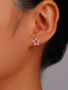 1 Cặp bông tai đinh tán hình ngôi sao rỗng mạ bạc Sterling 925 vàng trắng, bông tai sang trọng cao cấp tinh tế & thanh lịch, phù hợp cho phụ nữ trong cuộc sống hàng ngày, hẹn hò, tiệc tùng, mua sắm và kỳ nghỉ - Bạc - Xem 2