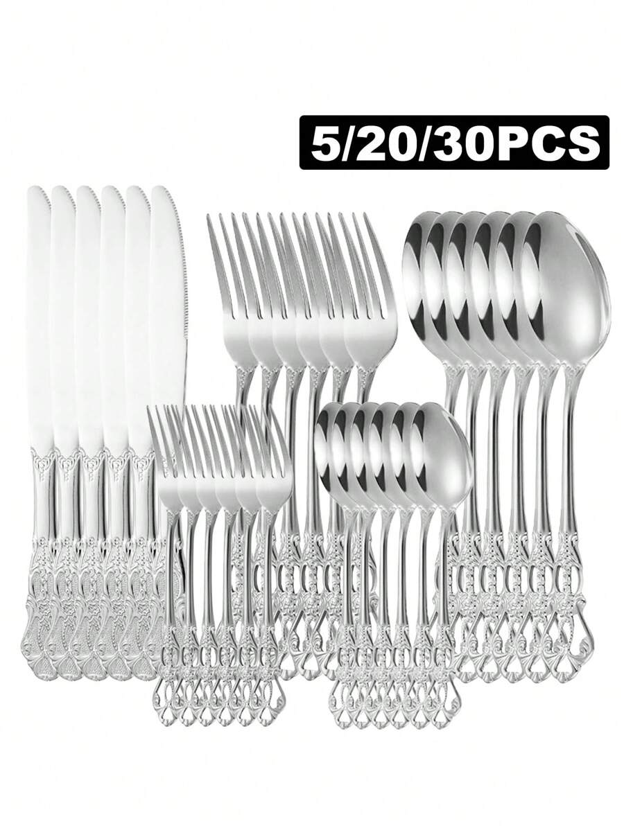 5/20/30pcs Gold Stainless Steel Vintage Cutlery Set, Suitable For Restaurant, Hotel, Wedding, Holiday Gift Christmas Gift - Silver - View 1