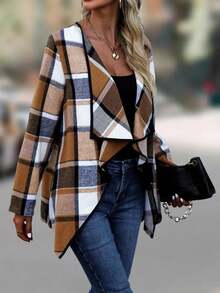 Karomuster Strickjacke mit offener Front und Langarm, elegant - Verschiedenfarbig - Übersicht 4