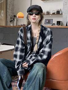 女士宽松落肩长袖格子休闲衬衫，春秋装，长袖上衣 - 藍色 - 查看 4