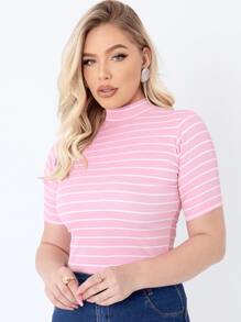 Women's Basic Elegant Comfortable Short Sleeve Turtleneck Ribbed Knit Blouse - 粉紅色條紋 - 查看 3