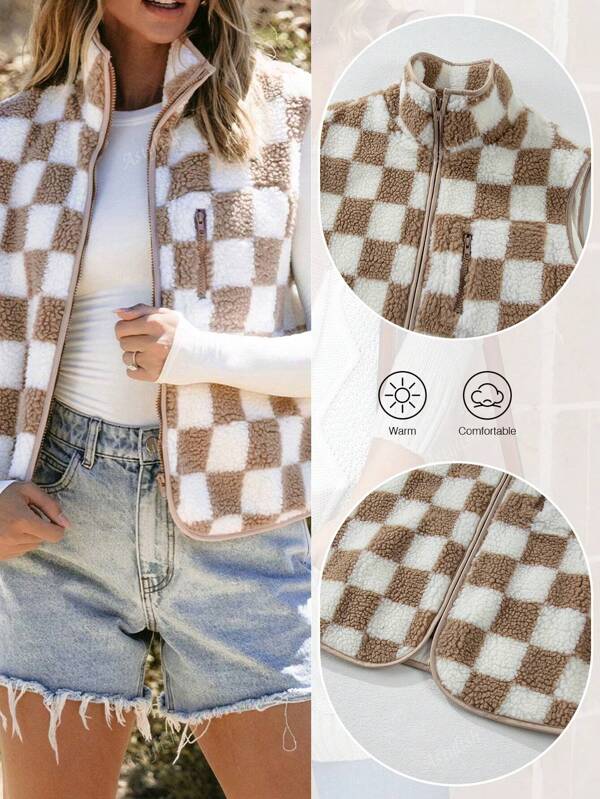 Astylish Chaleco de mujer sin mangas con cremallera tipo sherpa a cuadros, ligero y cálido, con bolsillos