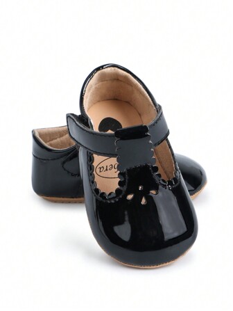 1 Pair Girls Plain Color PU Hook And Loop Design Flat Sweet Mirror Strap Mary Jane Princess Shoes, Suitable For 0-1 Year Old Toddlers, Spring Autumn