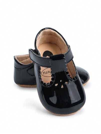 1 Pair Girls Plain Color PU Hook And Loop Design Flat Sweet Mirror Strap Mary Jane Princess Shoes, Suitable For 0-1 Year Old Toddlers, Spring Autumn