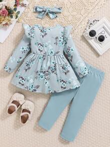 Baby Girl Floral Print Ruffled Top And Solid Pants Set, Fall/Winter - Blue - View 2
