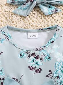 Baby Girl Floral Print Ruffled Top And Solid Pants Set, Fall/Winter - Blue - View 4