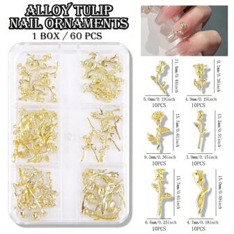 60Pcs Alloy Tulip Nail Art Decoration, Japanese-Style Ins Rose Shaped Metal Rhinestone, Valentine Day Golden Minimalist Flower Decoration Set Y2K Style Nail Metal Rhinestone, Suitable For Ladies And Girls Diy Nail Art Decoration Nail Charms Nail Supplies Nail Gems Nails