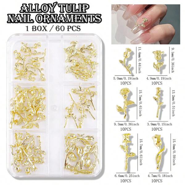 60pcs Alloy Tulip Nail Art Decoration, Japanese-Style Ins Rose Shaped Metal Diamond, Valentine Day Golden Minimalist Flower Decoration Set Y2k Style Nail Metal Diamond, Suitable For Ladies And Girls DIY Nail Art Decoration Nail Charms Nail Supplies Nail Gems