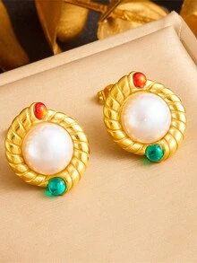 1 套镀金复古编织圆形宝石和珍珠不锈钢耳环和项链套装 - 彩色 - 查看 3