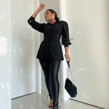 Women's Long Sleeve Mullet Button Down Shirt Dress - 黑色 - 查看 1