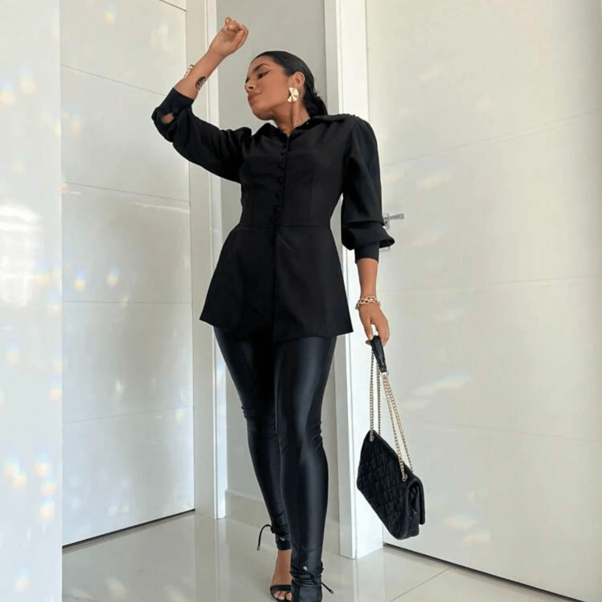 Women's Long Sleeve Mullet Button Down Shirt Dress - 黑色 - 查看 1